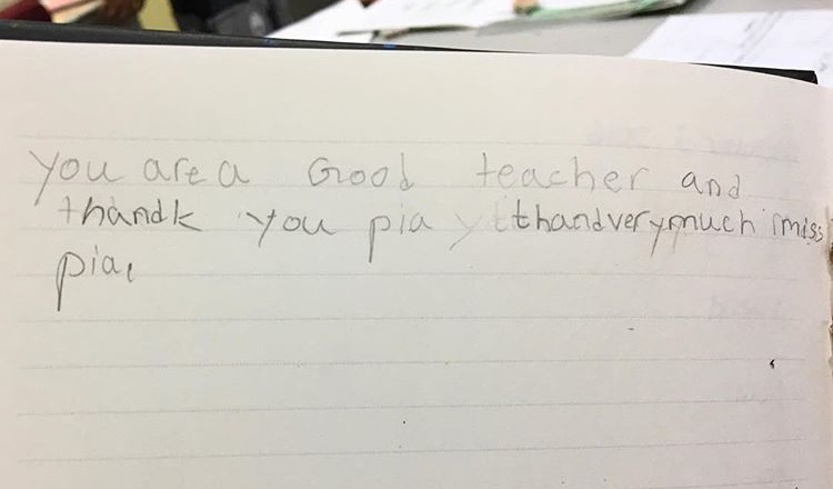 One of the most memorable moments of Pia's volunteering experience. Receiving this note of one of her students. 